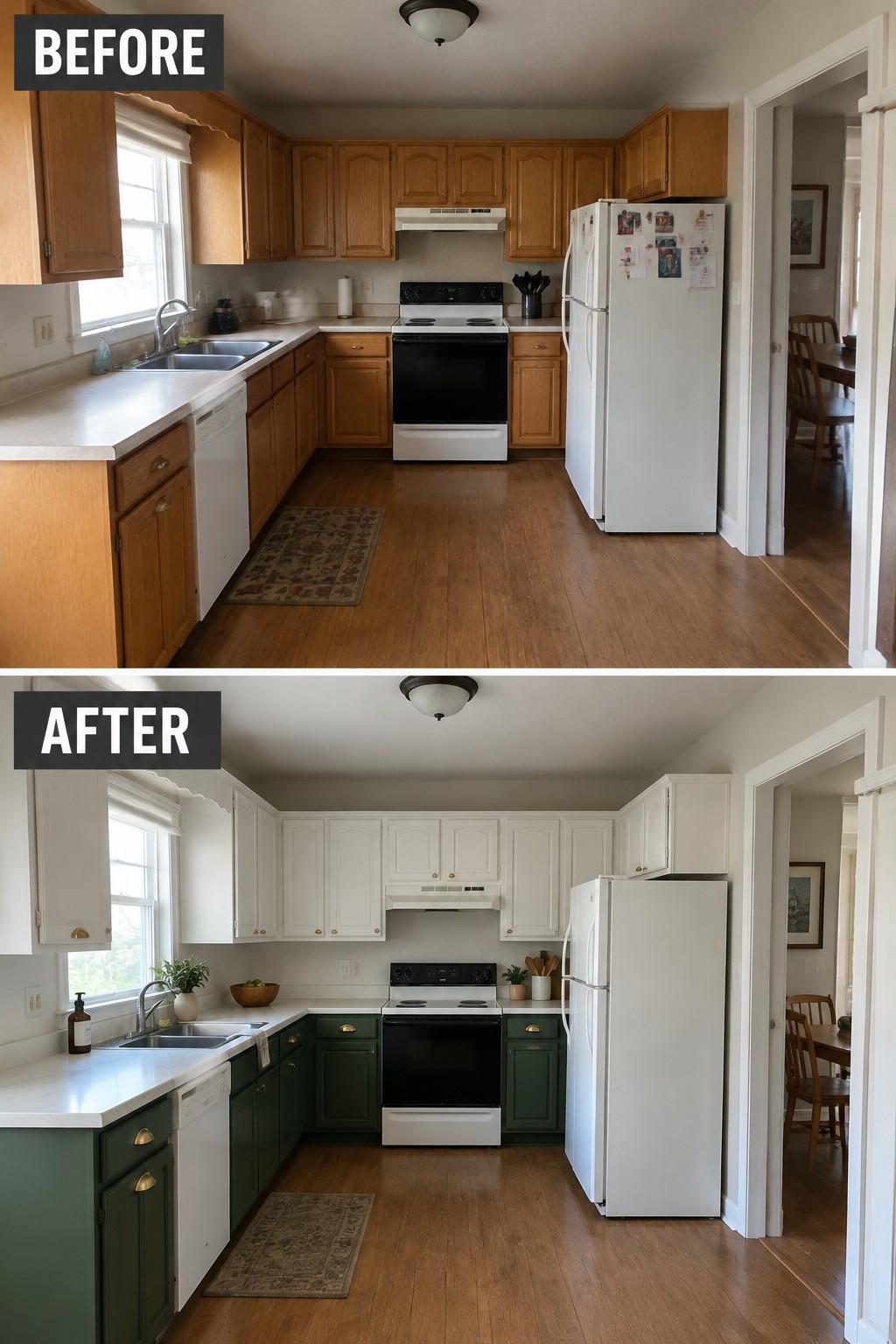 Before-and-after makeover image of a kitchen with wood cabinets repainted white on top and dark green on the bottom.