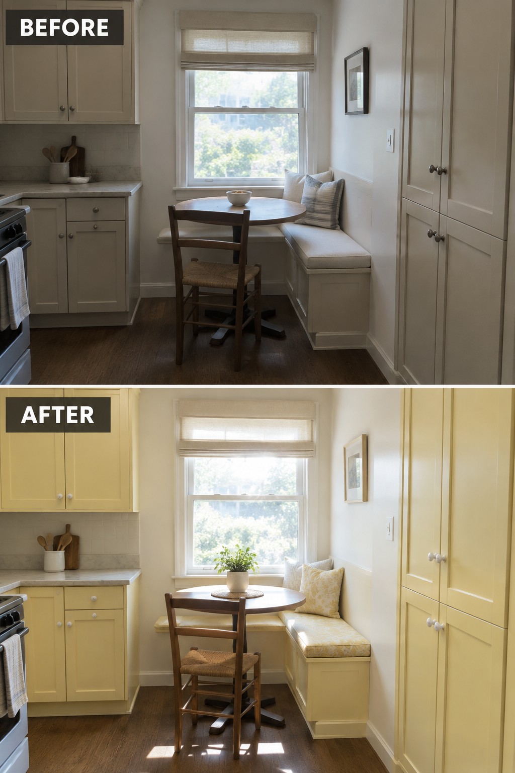 Before-and-after makeover image of a small kitchen with dark beige cabinets repainted soft yellow and a breakfast nook refreshed with patterned cushions and a potted plant.
