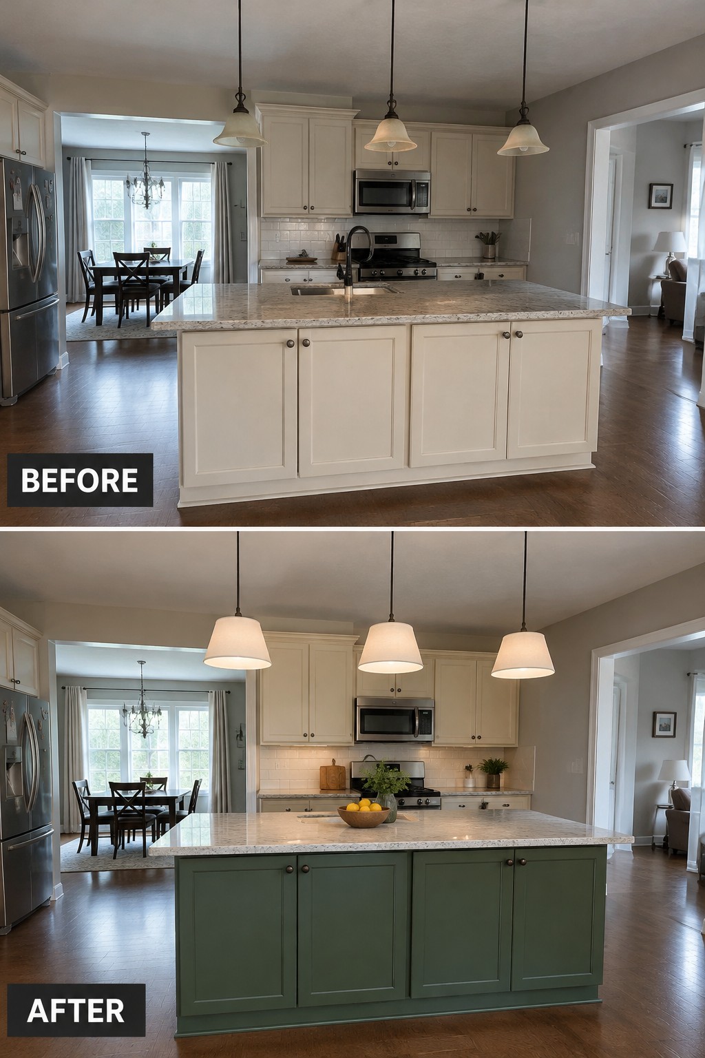 Before-and-after makeover image showing a cream kitchen island repainted green while the surrounding cabinets remain cream.