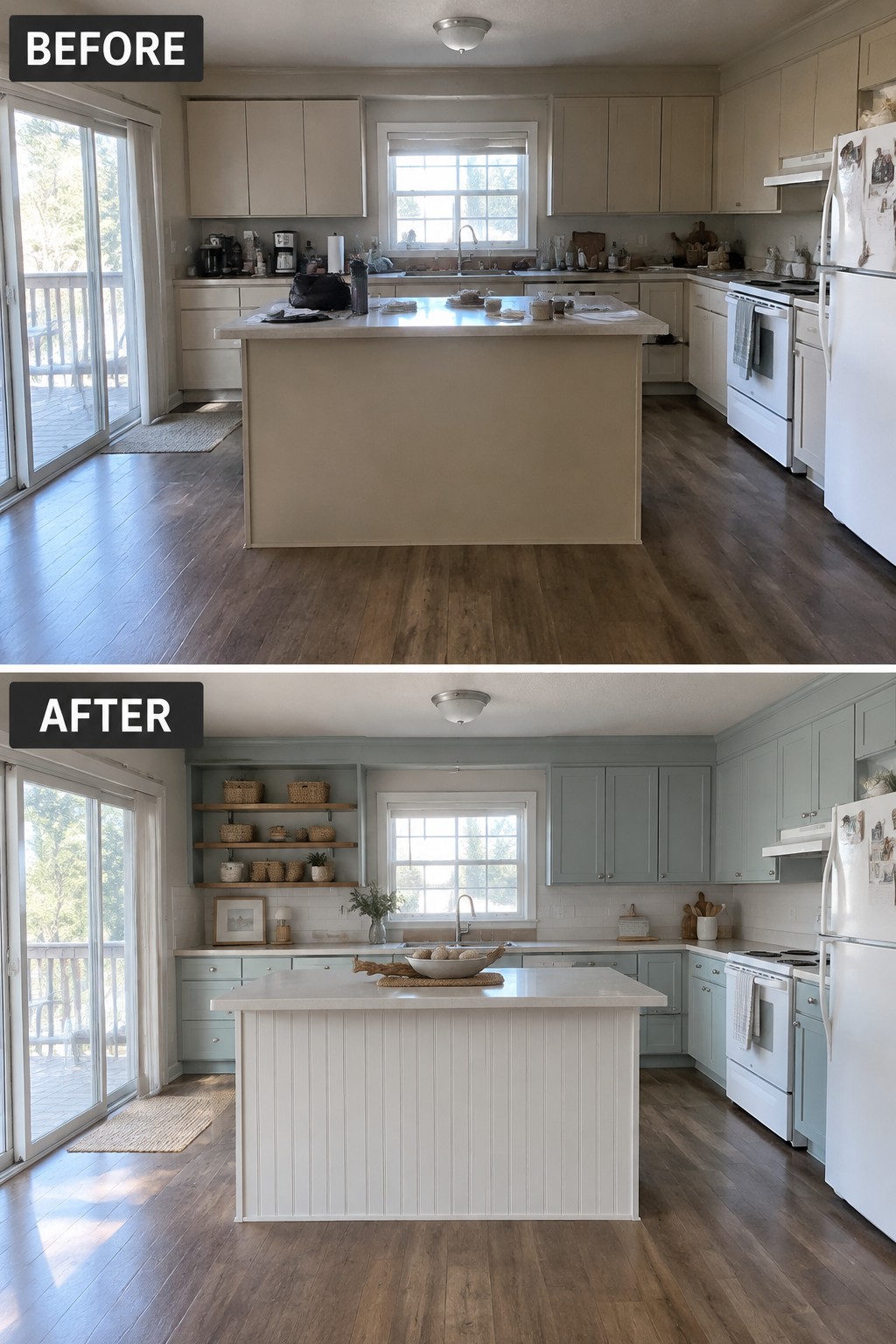 Before-and-after makeover image of a kitchen with dated beige cabinets updated with blue-green paint and a beadboard island.