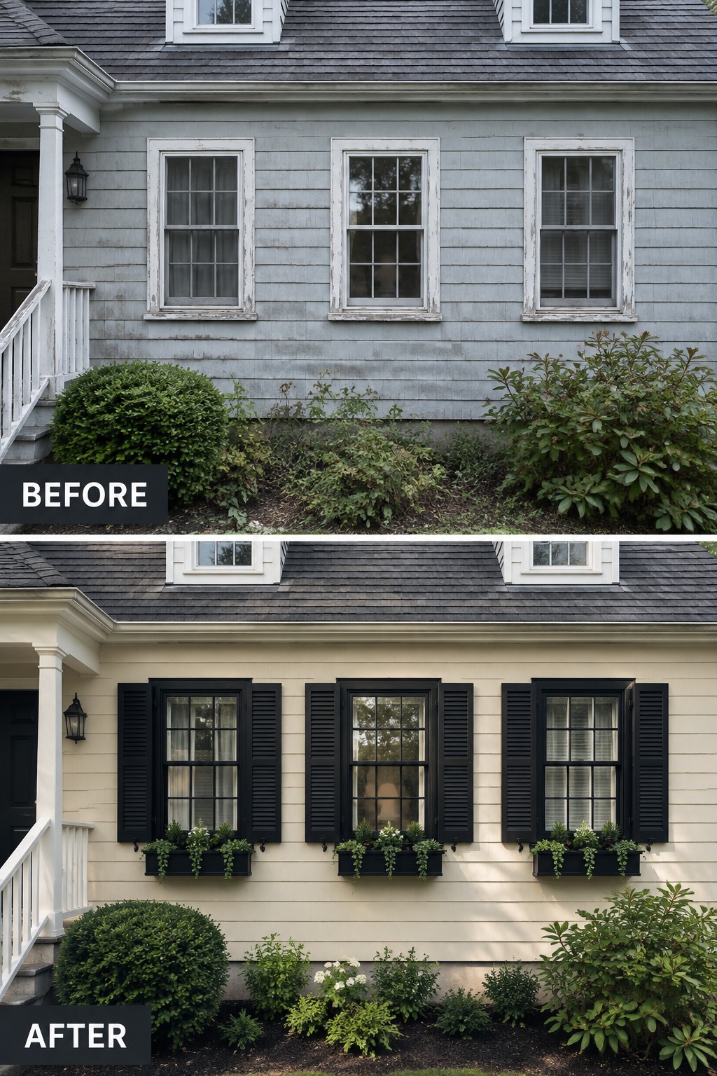 Before-and-after image of a Cape Cod house exterior updated with light siding, dark shutters, and window boxes.