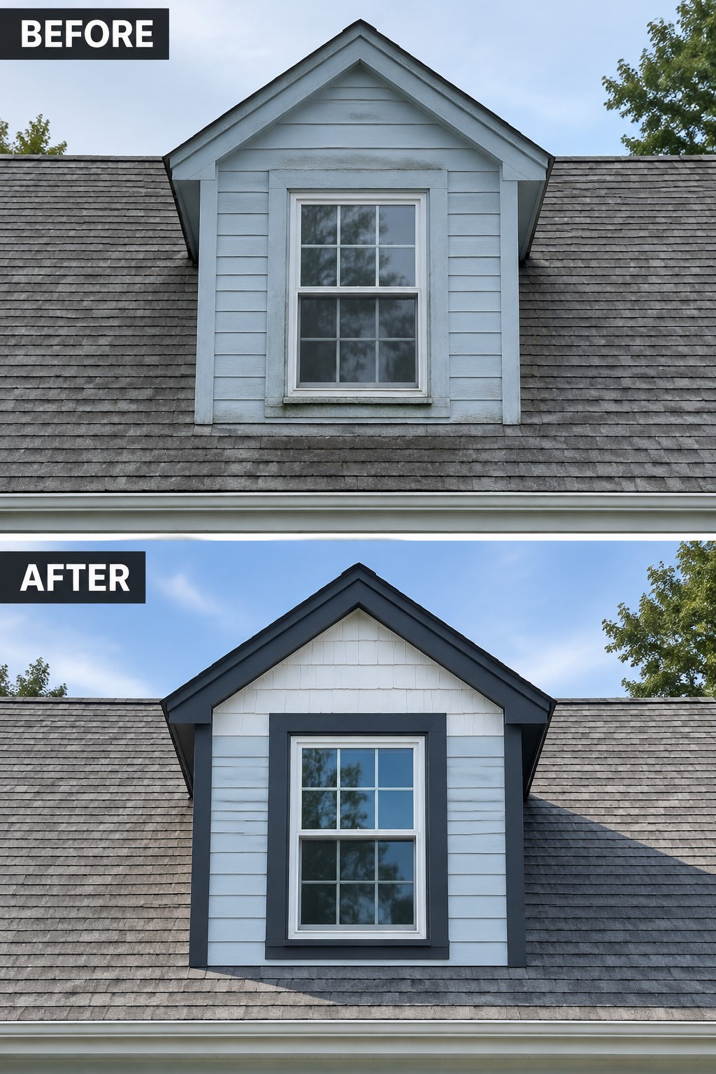 Before-and-after makeover image of a Cape Cod dormer updated with light siding and dark contrasting trim.