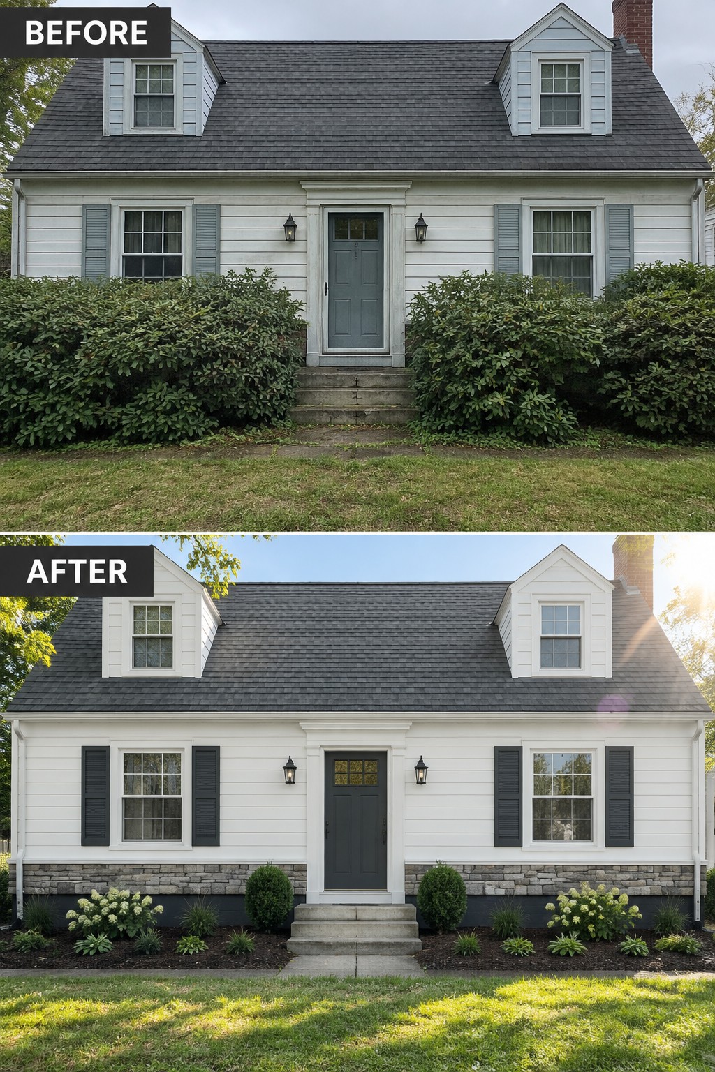 Before-and-after image of a Cape Cod home with overgrown front shrubs changed to a tidy planted border, dark shutters, and a charcoal foundation.