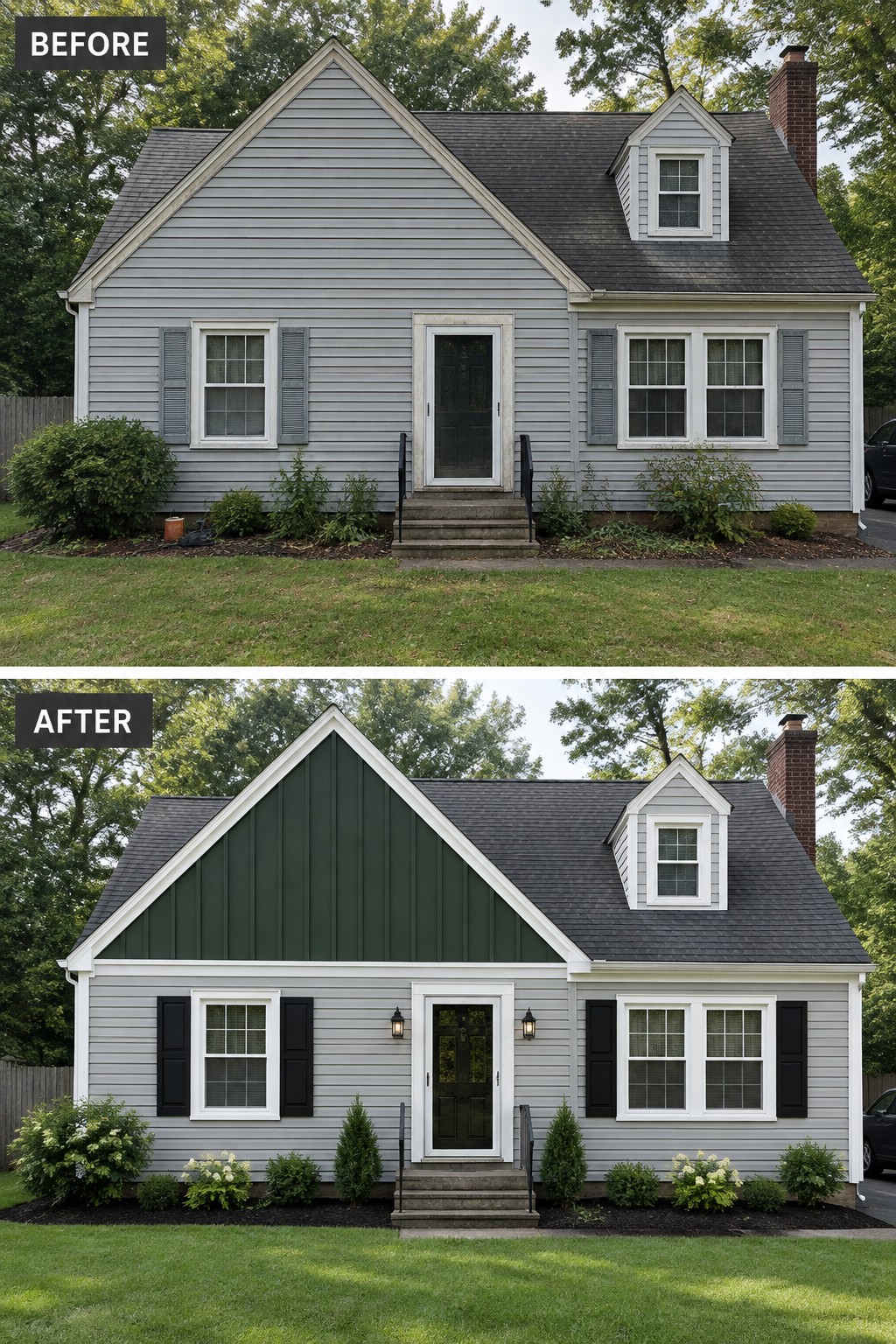 Before-and-after makeover image of a Cape Cod house with gray siding, updated with a deep green front gable and black shutters.