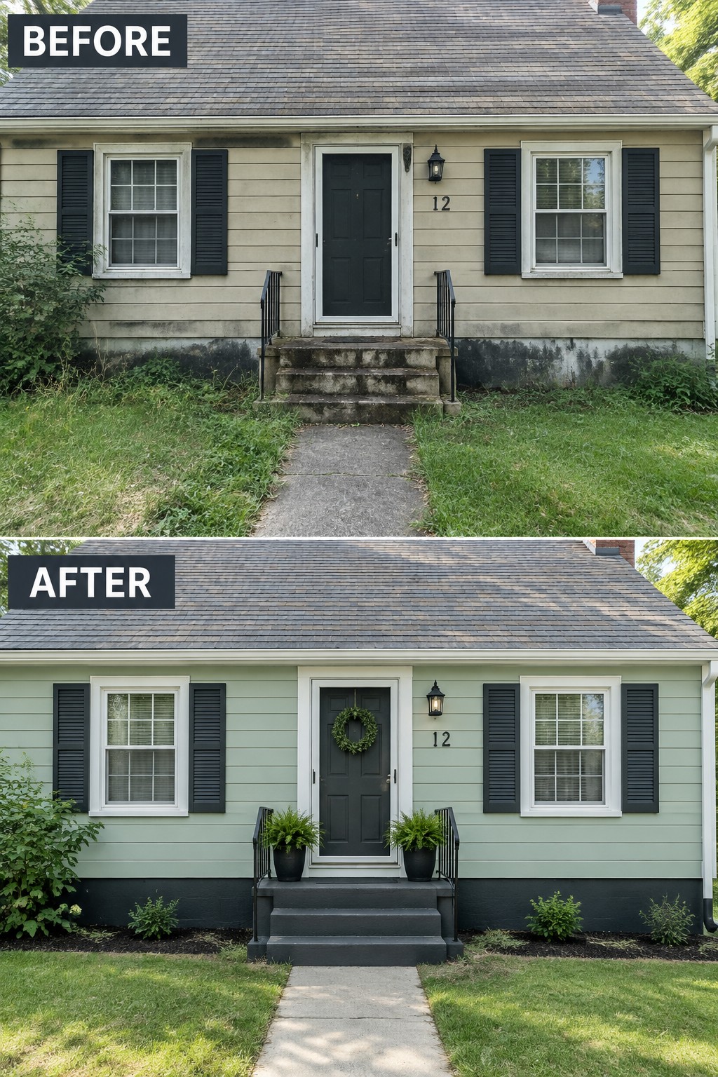 Before-and-after makeover image of a Cape Cod house with weathered beige siding changed to pale green siding and a dark foundation.