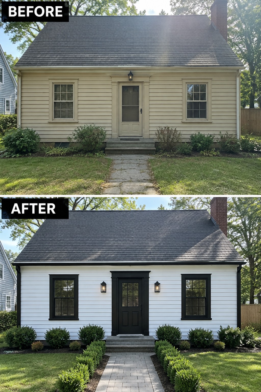 Before-and-after makeover image of a Cape Cod house with beige siding and light trim updated to white siding with black window and door trim.