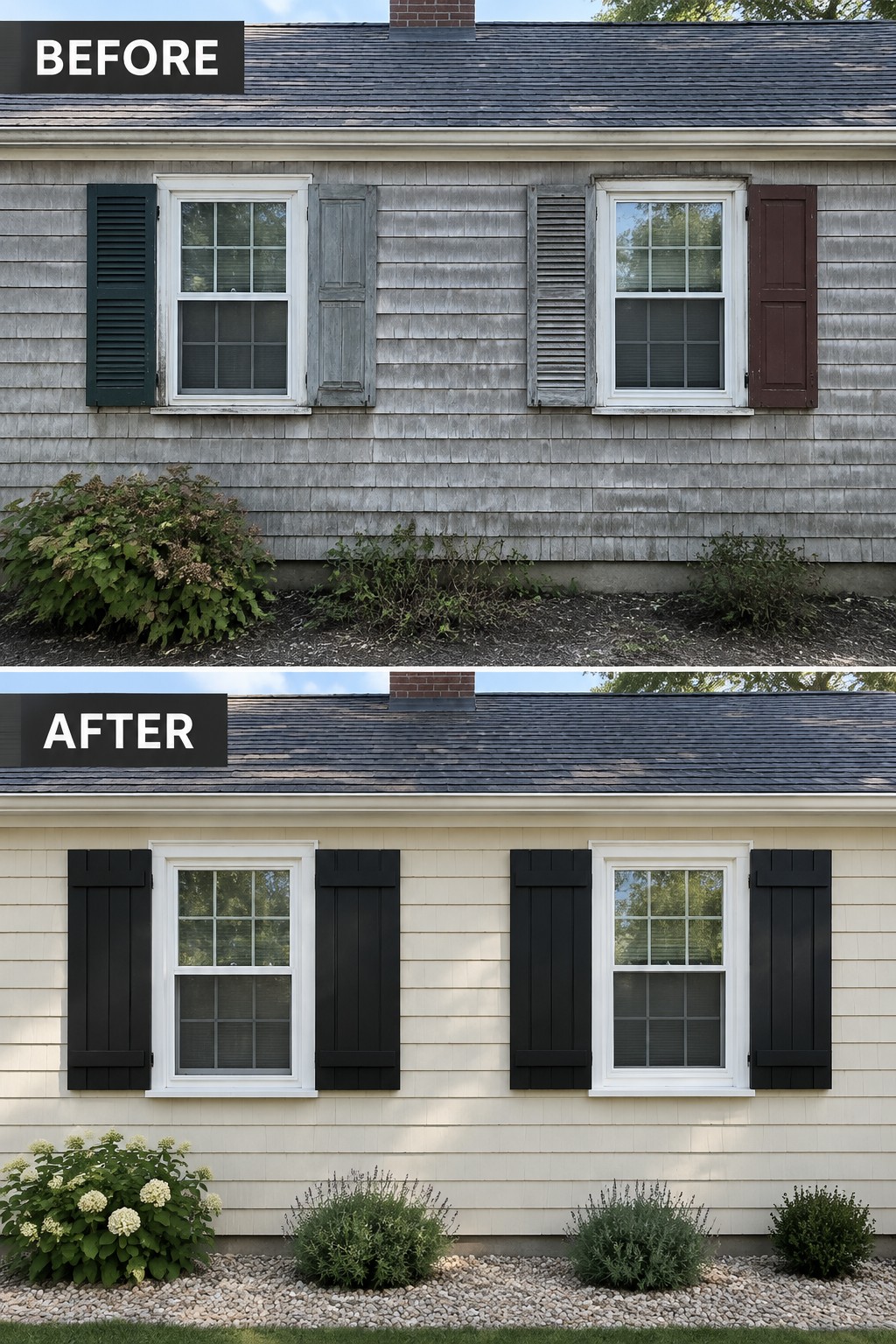 Before-and-after makeover image of a Cape Cod house exterior with weathered gray siding and mismatched shutters changed to pale siding with matching dark shutters.
