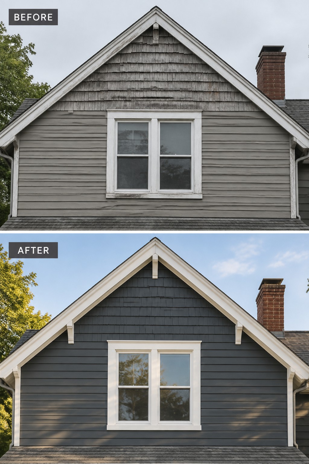 Before-and-after makeover image of a Cape Cod house exterior changed from weathered gray siding to dark charcoal siding with white trim.
