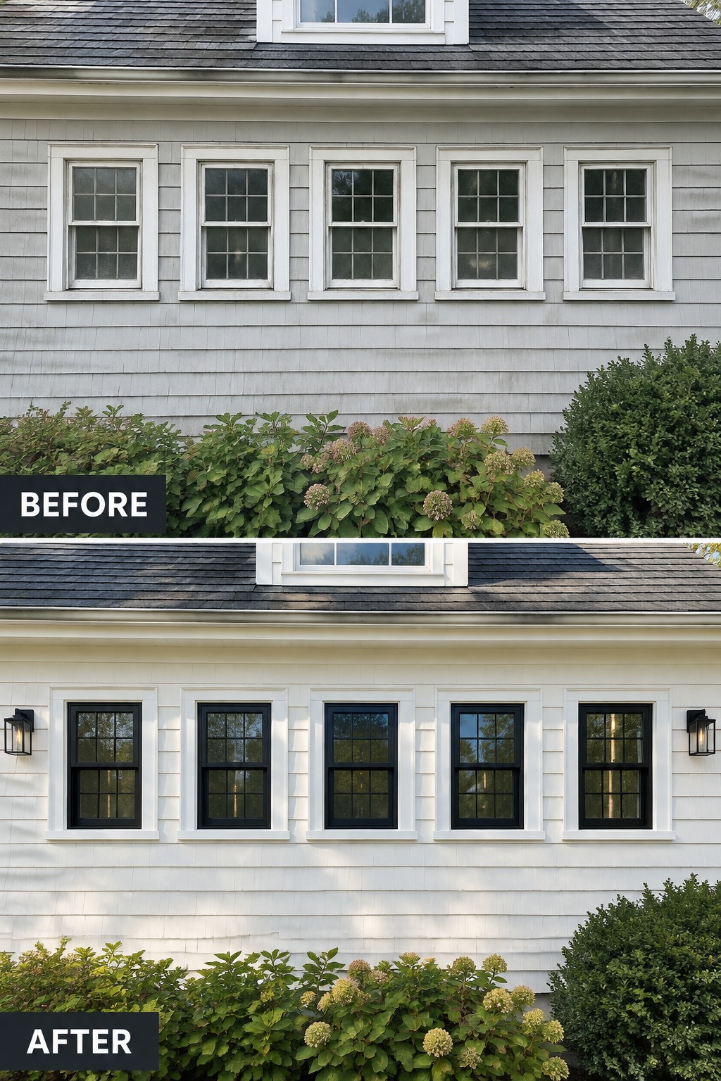 Before-and-after image of a Cape Cod house with weathered windows and gray siding updated with dark-framed windows and white siding and trim.