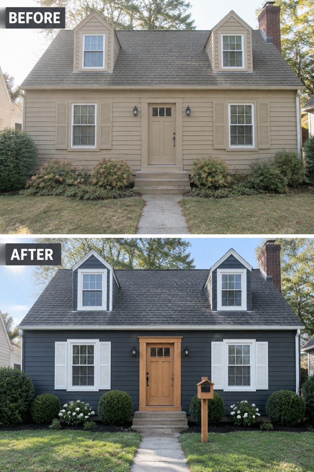 Before-and-after makeover image of a Cape Cod house with beige siding changed to dark blue siding, white trim, and a natural wood front door.