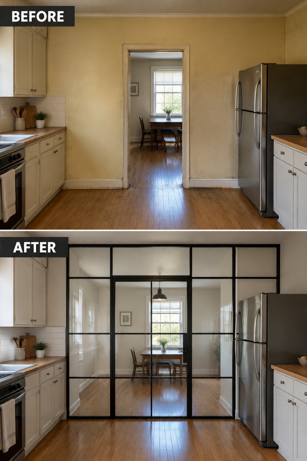Before-and-after image of a kitchen doorway changed into a black-framed glass partition between the kitchen and dining room.