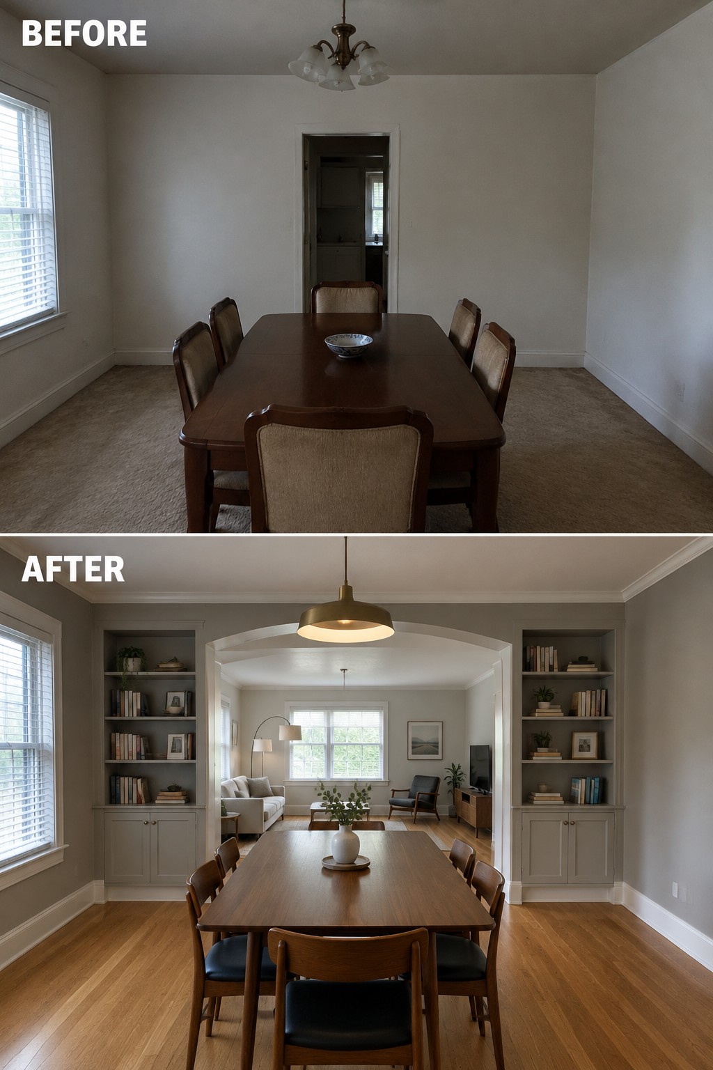 Before-and-after makeover image of a closed-off dining room changed to an open dining area connected to the living room through a wide archway with built-in shelves.