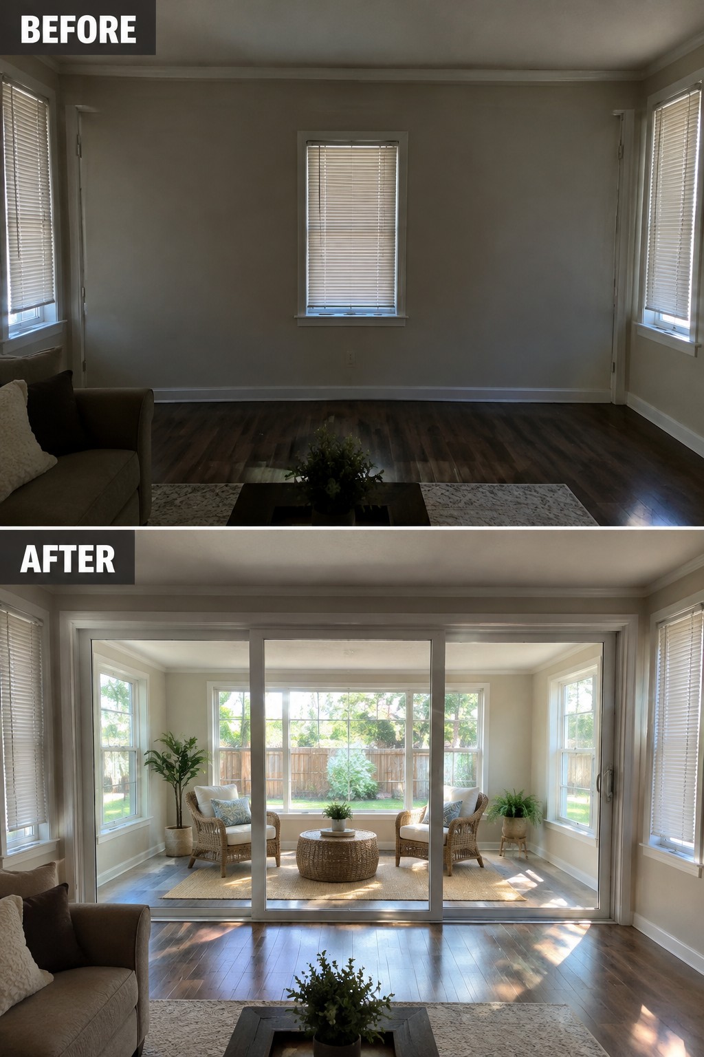 Before-and-after makeover image of a closed-off living room changed to include wide glass sliding doors opening onto a furnished sitting room.