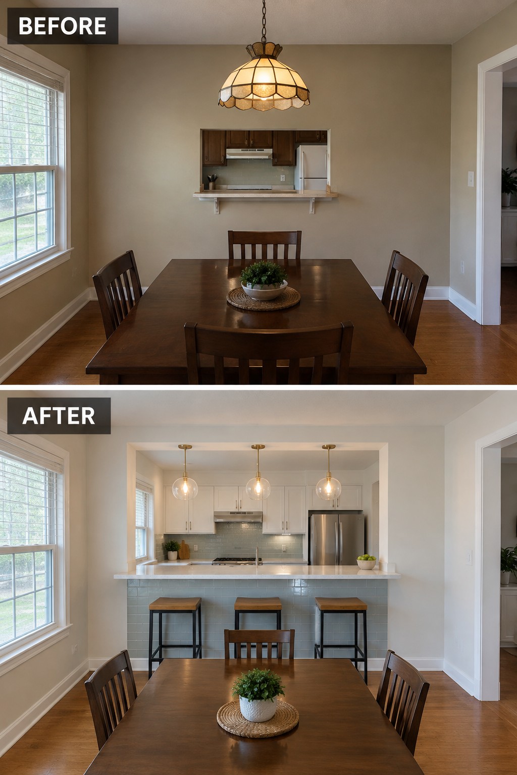 Before-and-after makeover image of a dining room and kitchen, with a small kitchen pass-through opened into a wide breakfast bar.