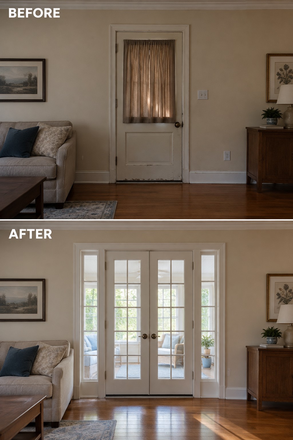 Before-and-after makeover image of a living room with a curtained single door changed to glass French doors with narrow side panels.