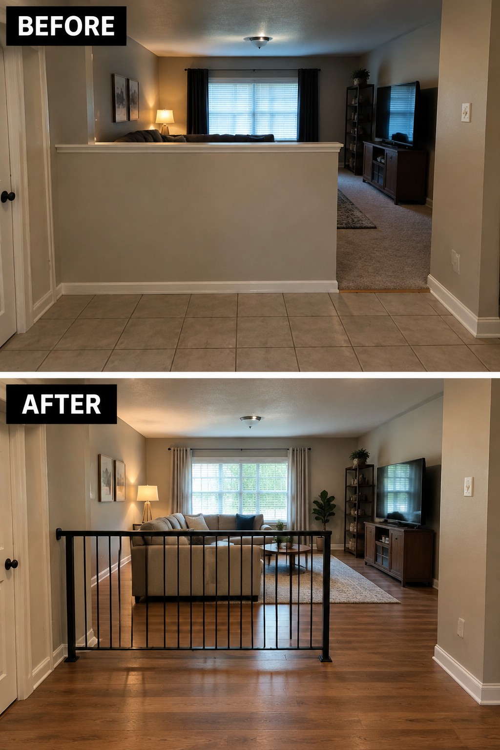 Before-and-after makeover image showing a solid half wall replaced by a black railing between an entryway and living room.