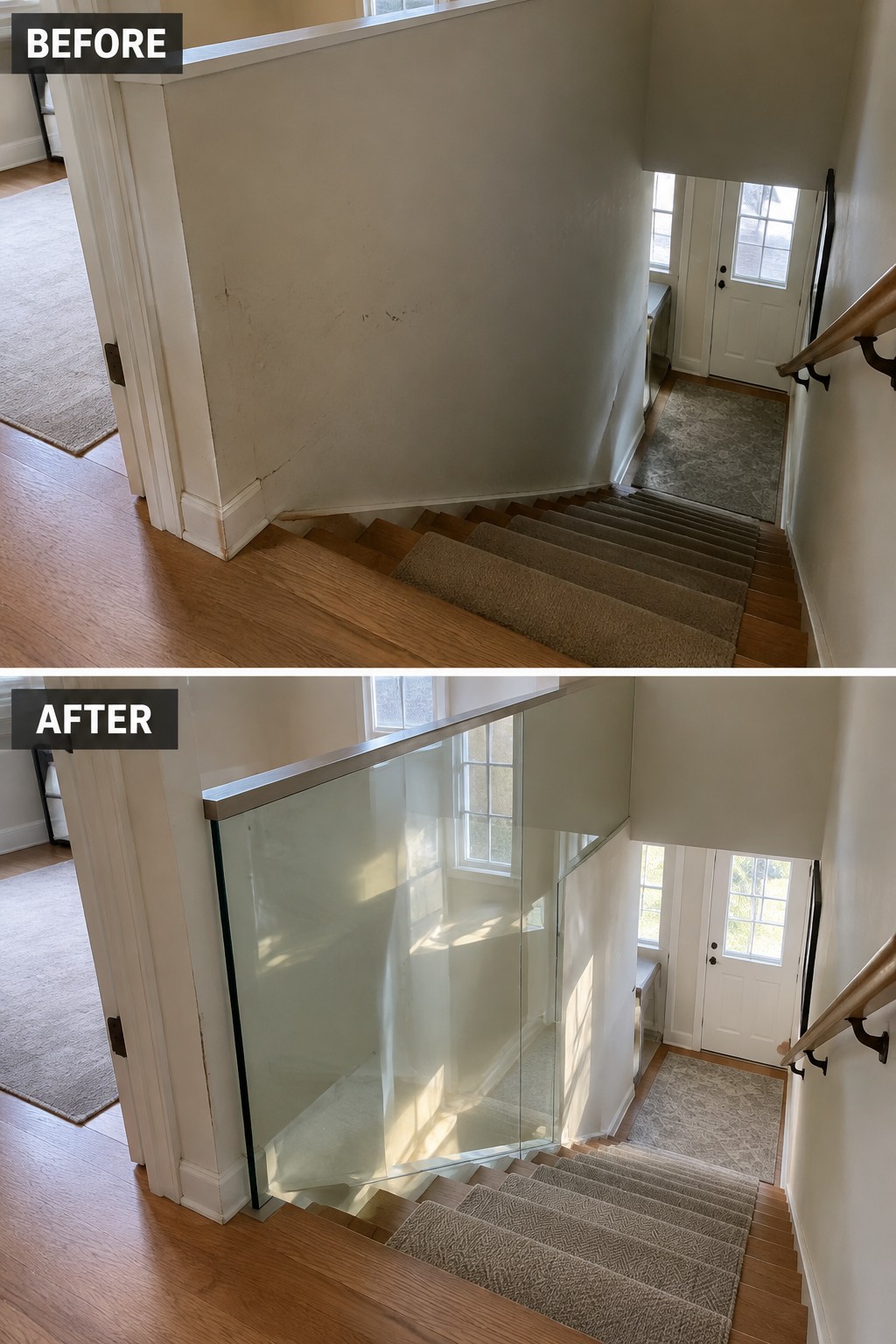 Before-and-after makeover image of a staircase with a solid wall replaced by a glass railing.
