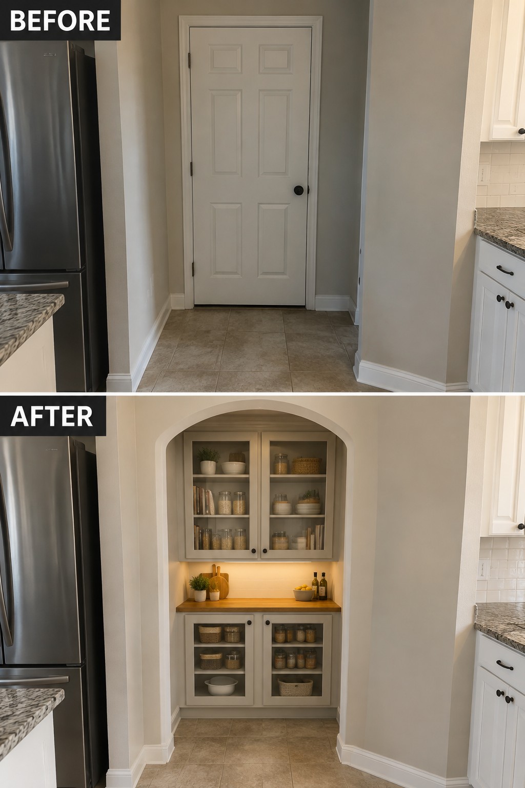 Before-and-after makeover image showing a closed door replaced by an arched pantry with glass-front cabinets and a counter.