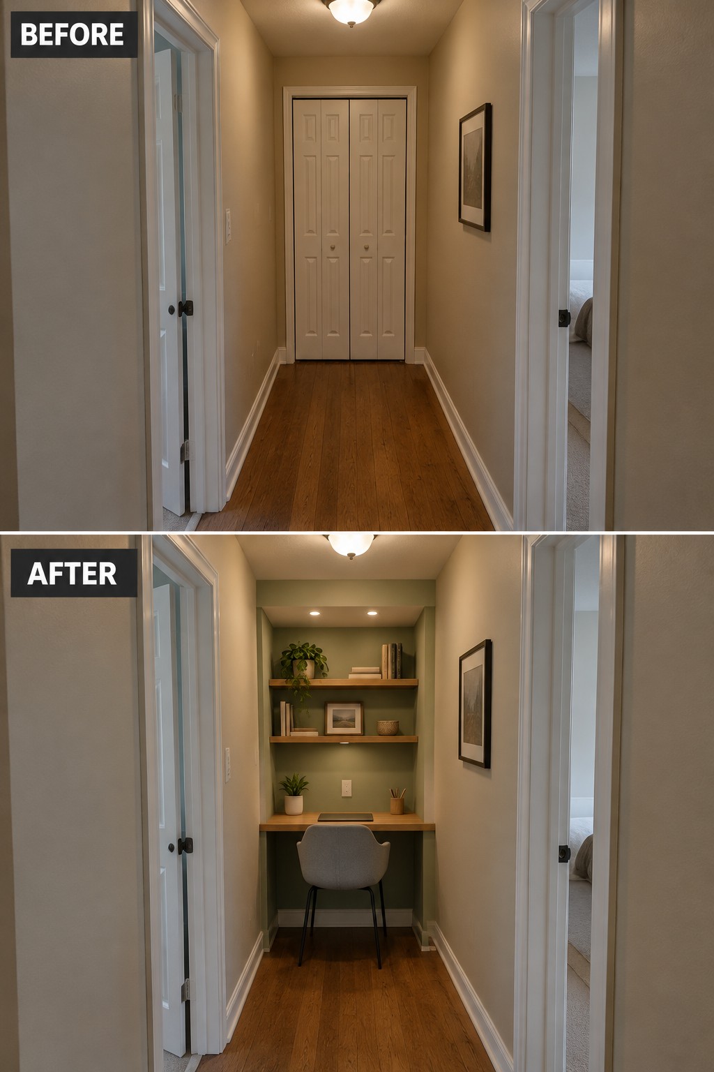 Before-and-after makeover image of a hallway closet with doors replaced by a small desk nook, shelves, and a chair.