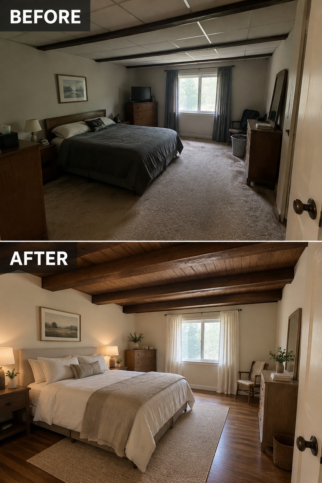 Before-and-after makeover image of a bedroom with a drop ceiling and carpet changed to exposed wood beams, hardwood flooring, light bedding, and a rug.