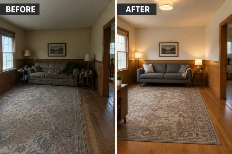 Before-and-after makeover image of a living room updated with a simpler gray sofa and rug while retaining its wood paneling.