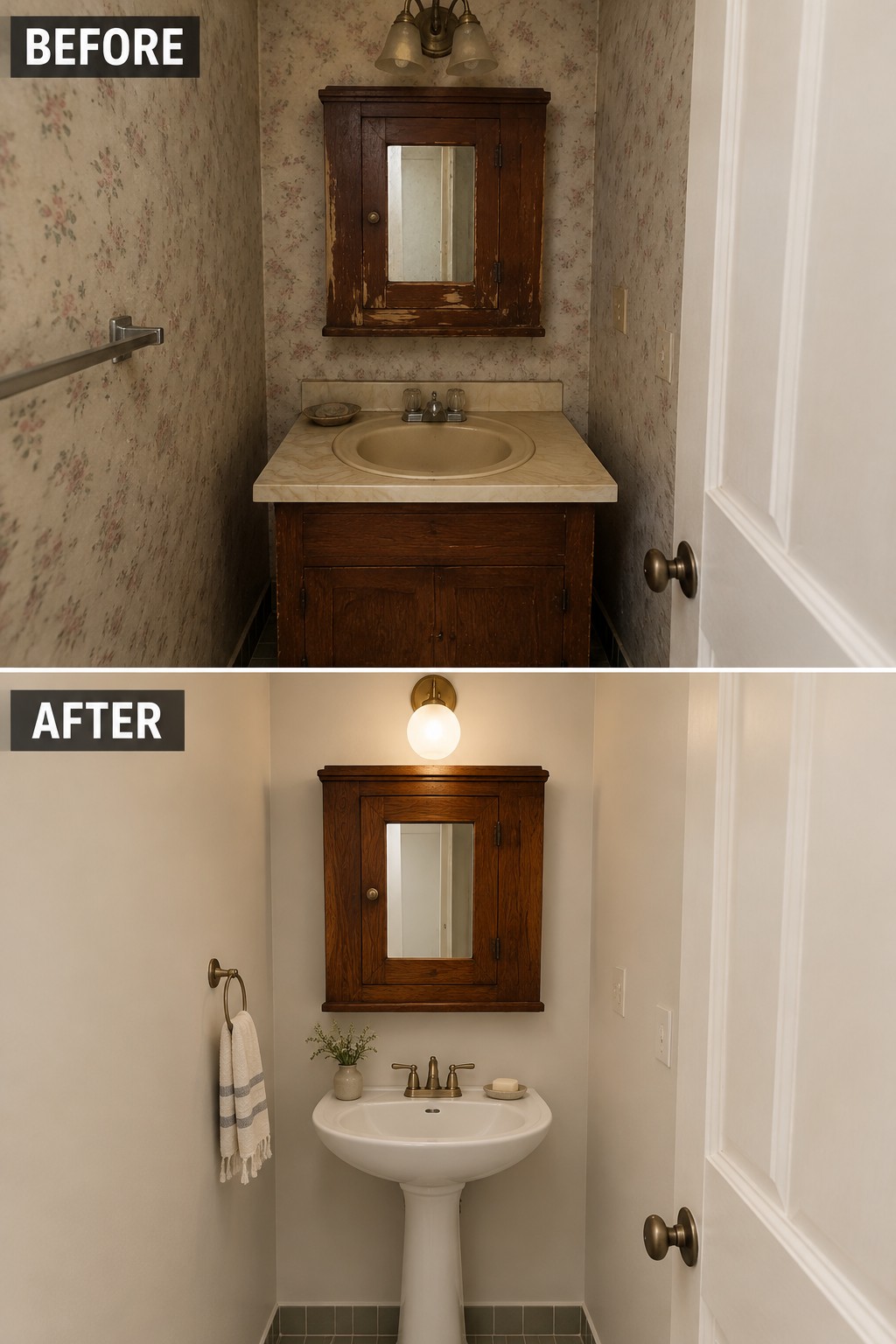 Before-and-after makeover image of a small bathroom changed from a floral-wallpapered room with a wood vanity to a simpler room with a pedestal sink and the wood medicine cabinet retained.