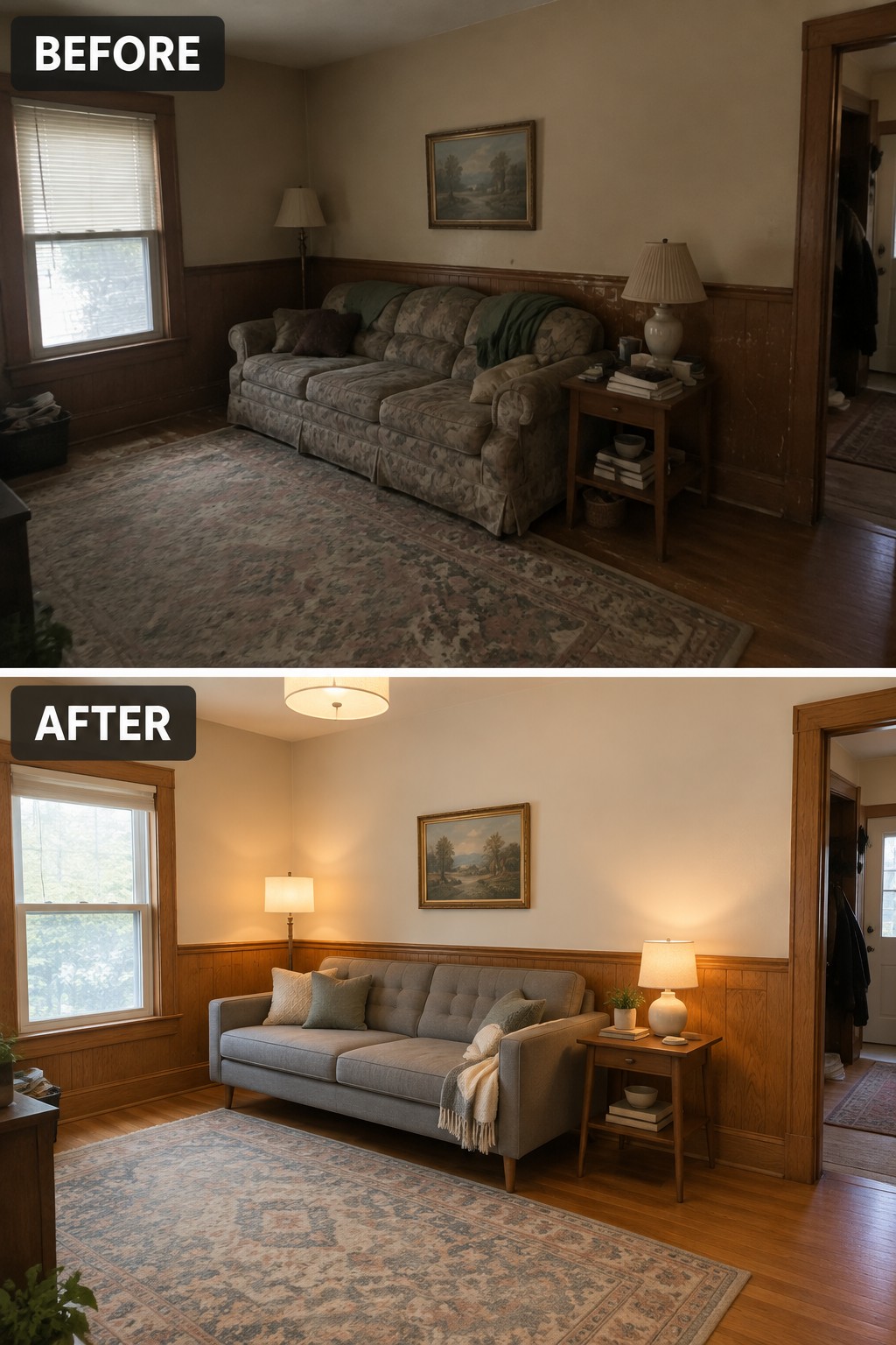 Before-and-after makeover image of a living room updated with a simpler gray sofa and rug while retaining its wood paneling.