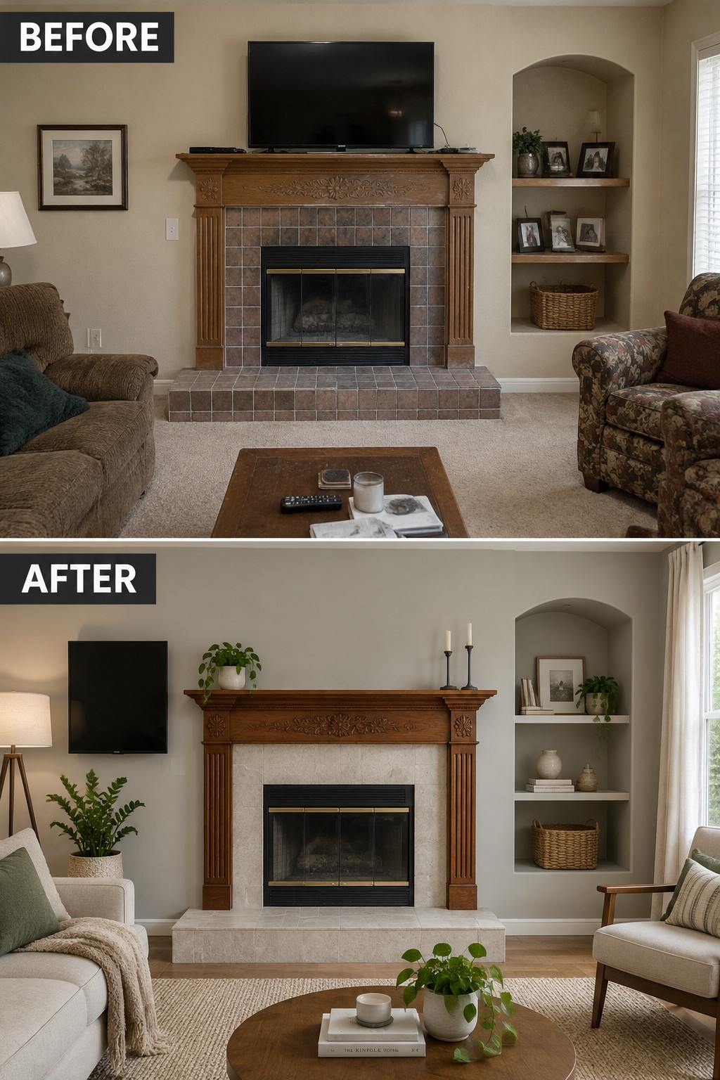Before-and-after makeover image of a living room fireplace with a carved wood mantel, showing dated dark tile replaced by light tile and refreshed furnishings.