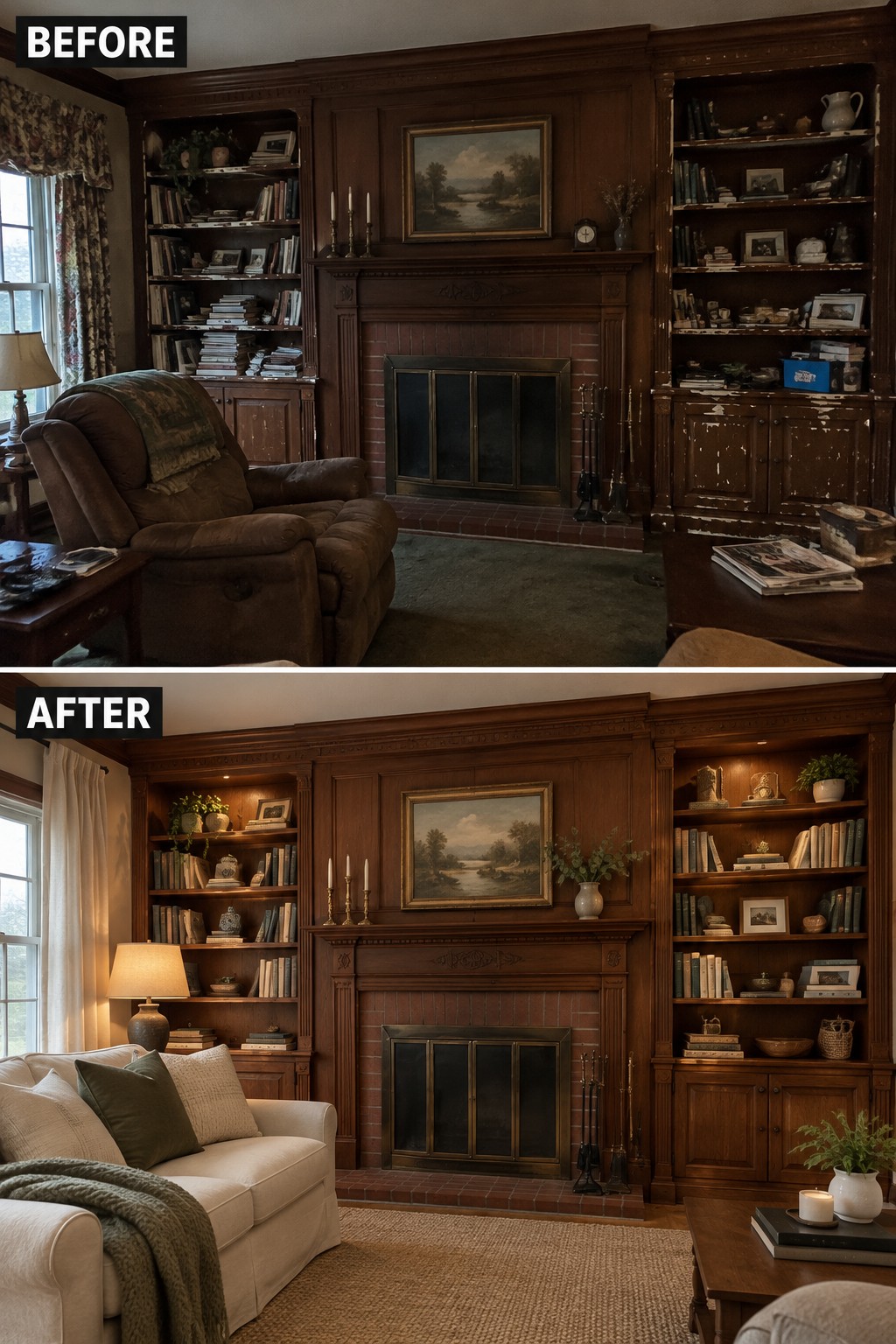 Before-and-after makeover image of a living room with dark wood bookcases and a fireplace, refreshed with tidier shelves, a light sofa, and a rug.