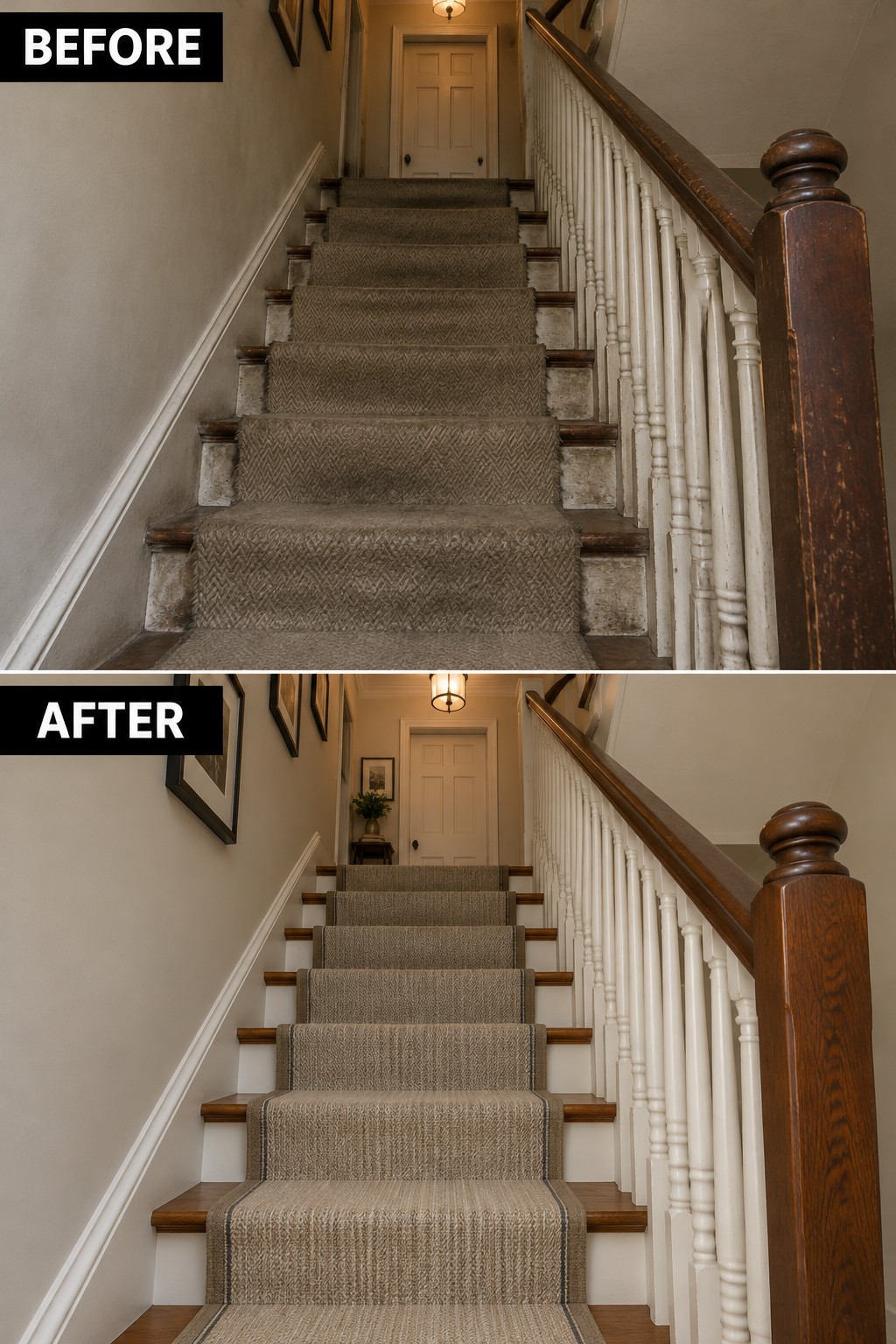 Before-and-after makeover image of a staircase refreshed with a cleaner runner and painted risers while retaining the wooden treads and handrail.