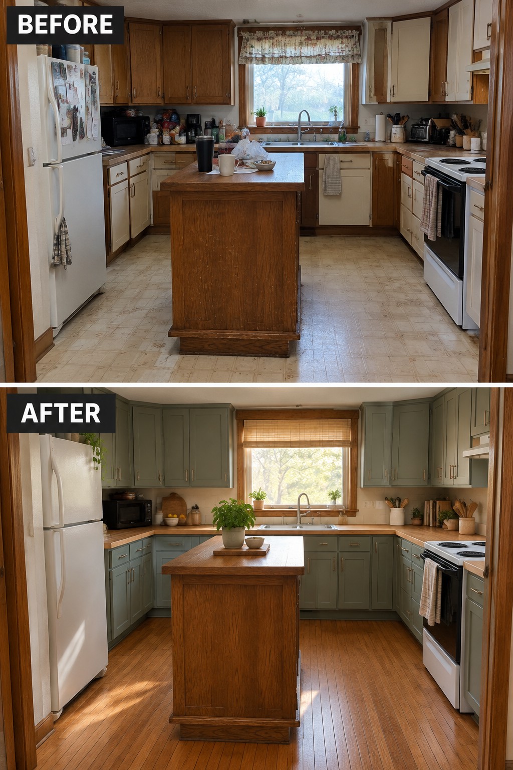 Before-and-after makeover image of an older kitchen with wood cabinets changed to muted green cabinets while the wood island remains.
