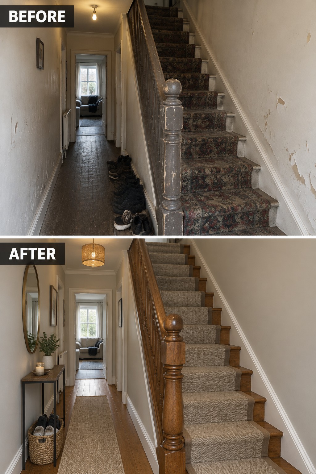 Before-and-after makeover image of an older hallway with a worn carpeted staircase updated with a neutral runner, restored wooden banister, and fresh wall paint.