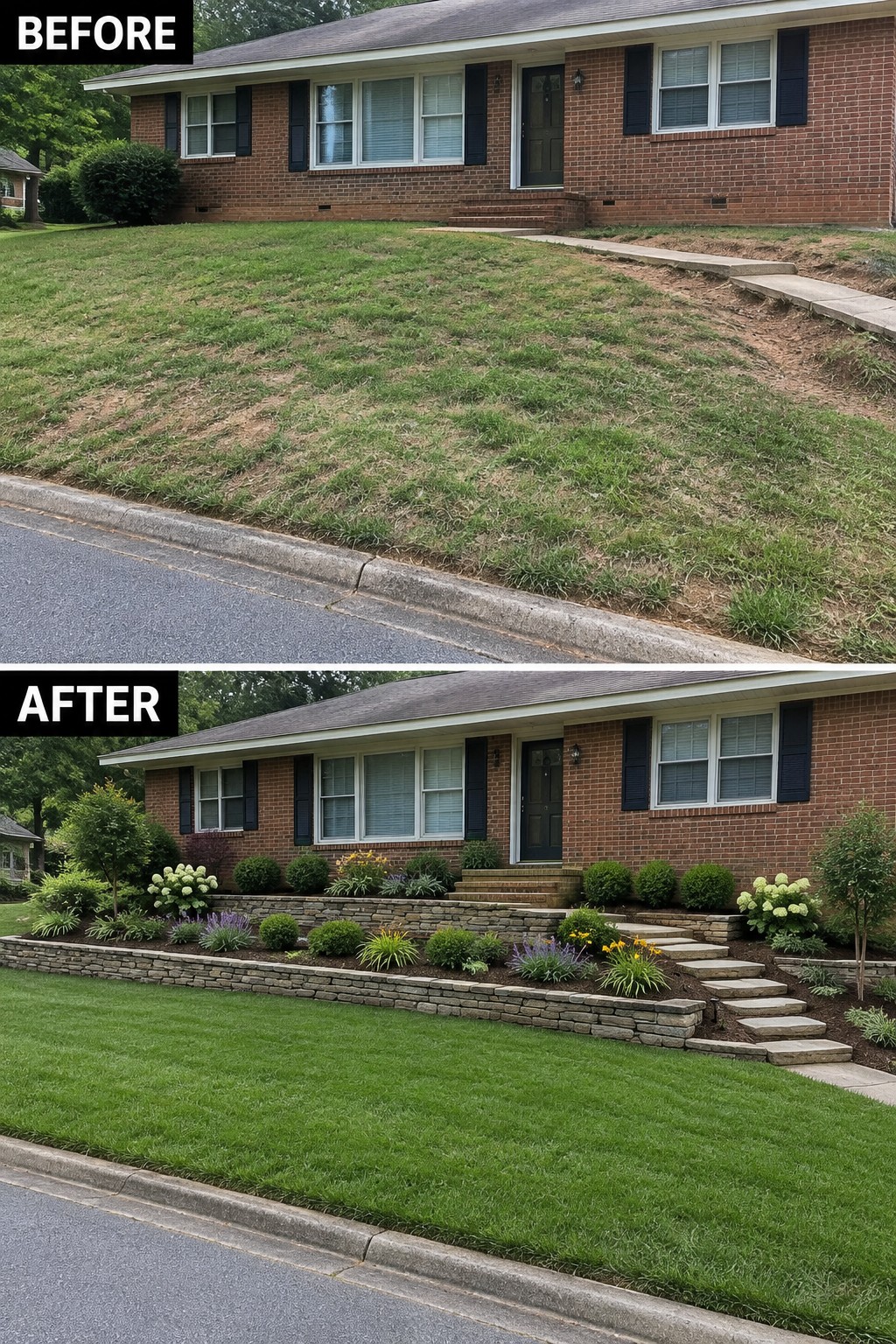 Before-and-after makeover image of a patchy sloped front yard changed into a lawn with stone retaining walls, planted garden beds, and a stepped walkway.