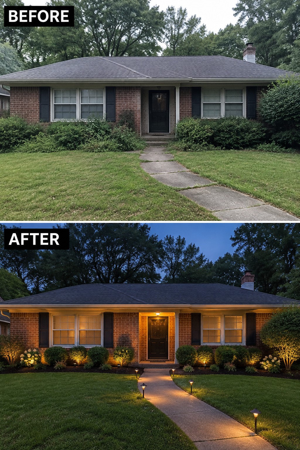 Before-and-after makeover image of a brick ranch with an overgrown front yard changed to neat garden beds and a clear walkway lit by landscape lights.