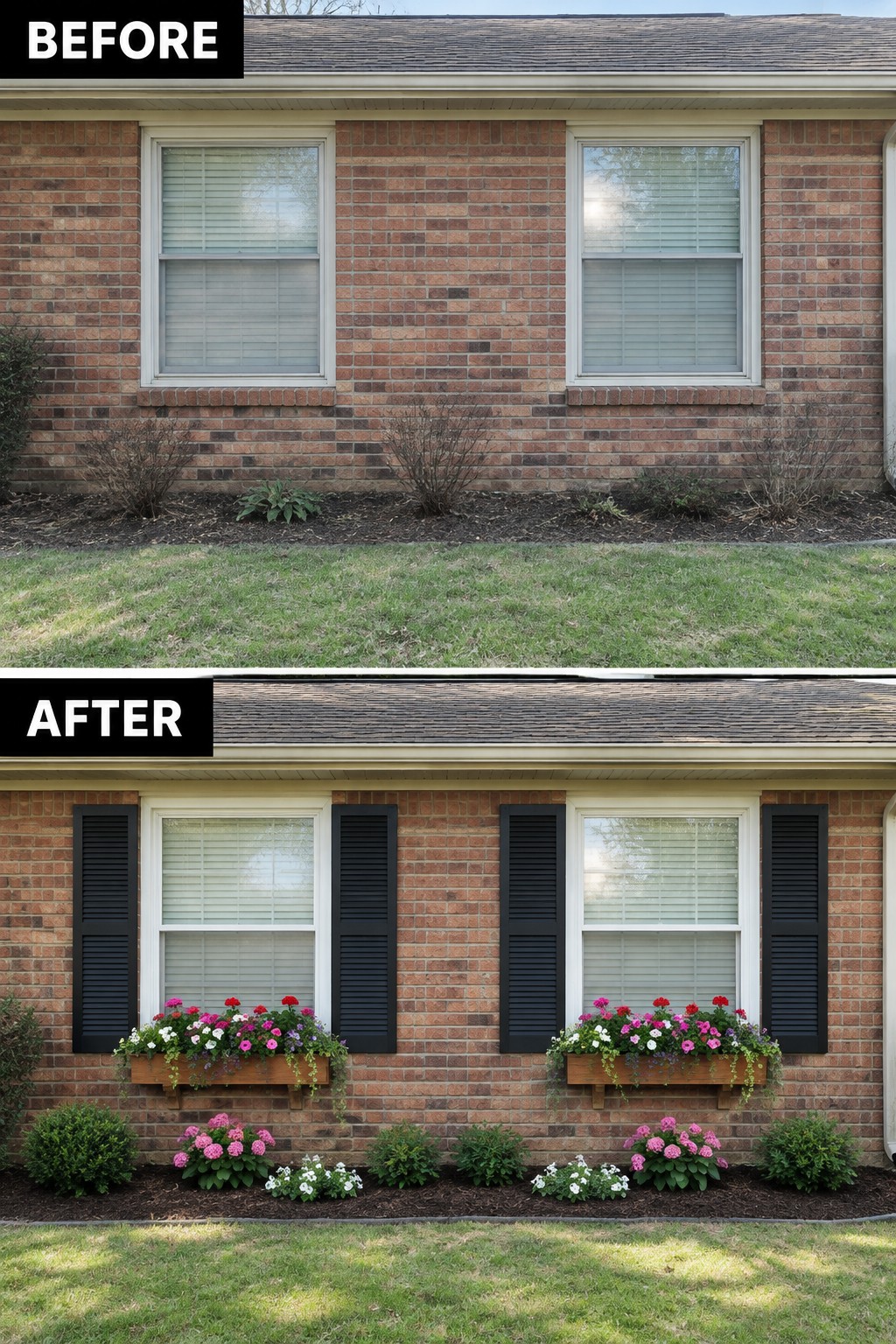 Before-and-after makeover image of a brick ranch with plain windows updated with black shutters and flower boxes.