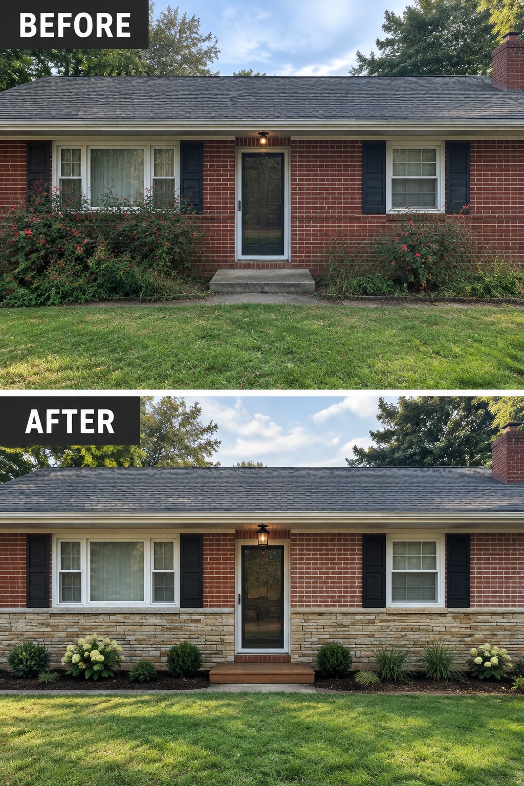 Before-and-after image of a brick ranch house with plain brick below the windows changed to a stone facade.