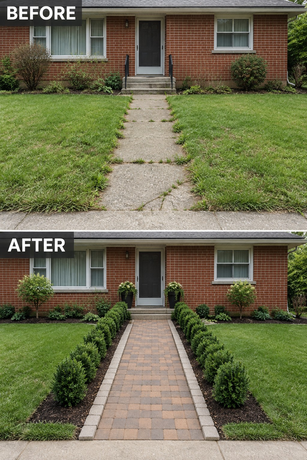Before-and-after image of a brick ranch front yard with a cracked concrete walkway replaced by a bordered paver path and shrubs.