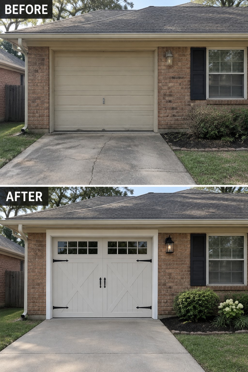 Before-and-after makeover image of a brick ranch house with a plain garage door replaced by a white carriage-style door with windows and cross-bracing.