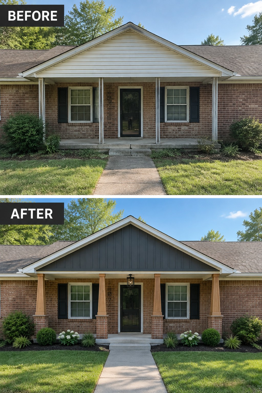 Before-and-after makeover image of a brick ranch porch updated with dark gable siding and wood-toned columns.