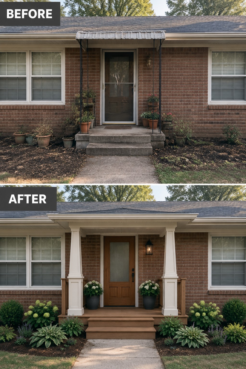 Before-and-after makeover image of a brick ranch entry changed from a small awning and concrete steps to a porch with white columns and wood steps.