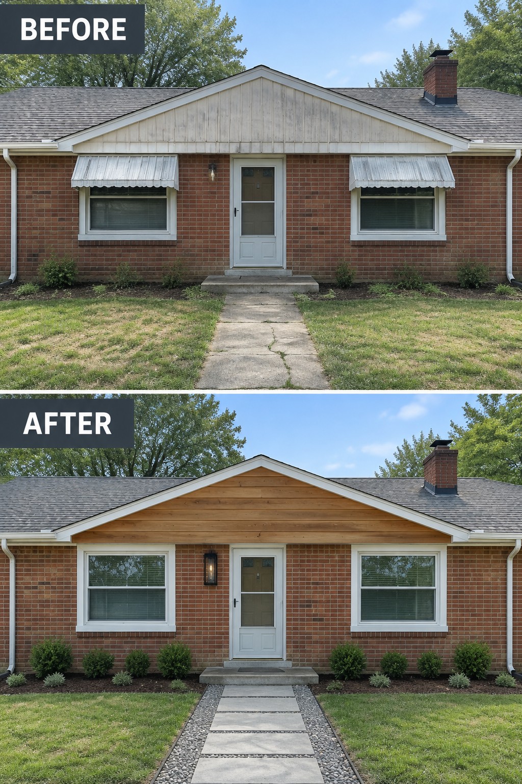 Before-and-after makeover image of a brick ranch house with faded gable siding and window awnings updated with wood gable siding and cleaner window trim.