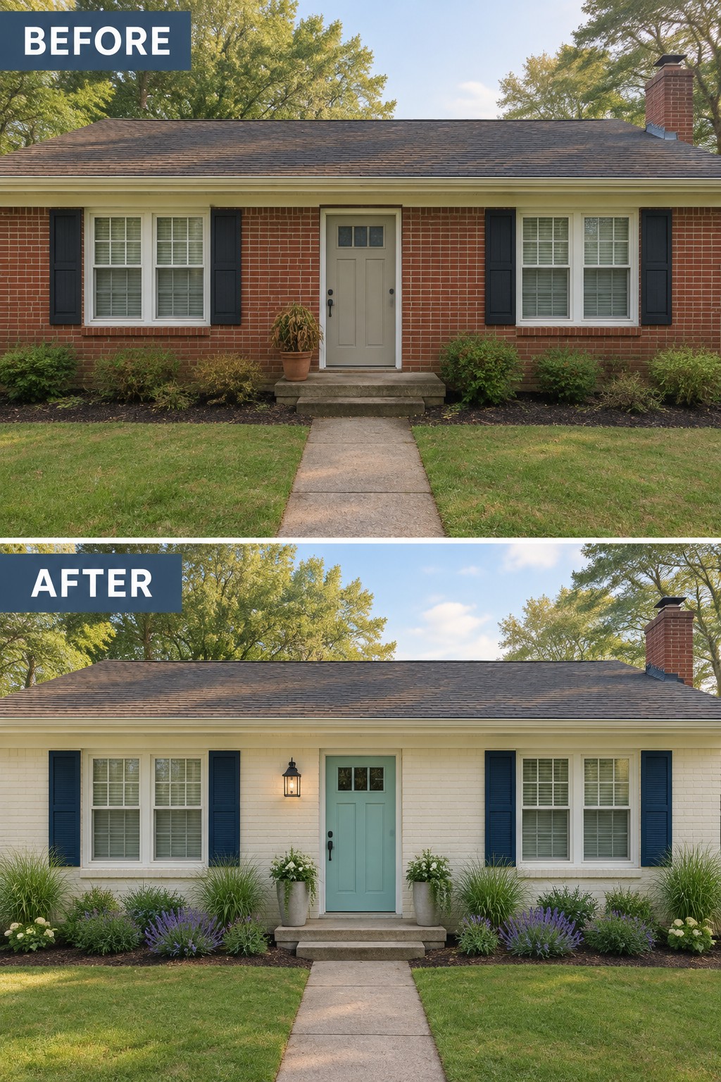 Before-and-after makeover image of a red brick ranch house changed to a light-painted exterior with dark shutters and a green front door.