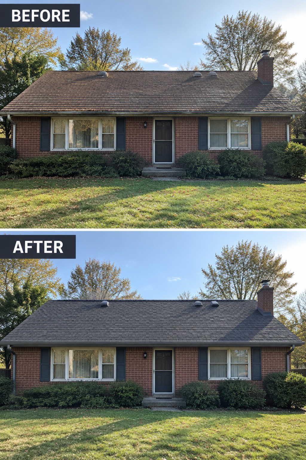 Before-and-after image of a brick ranch house with an aging roof replaced by dark gray shingles.