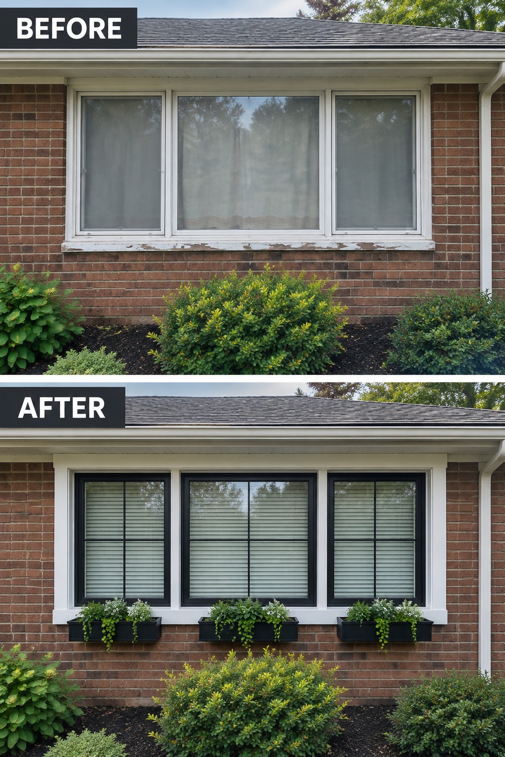 Before-and-after makeover image of a brick ranch with worn white windows replaced by dark-framed windows, white trim, and window boxes.
