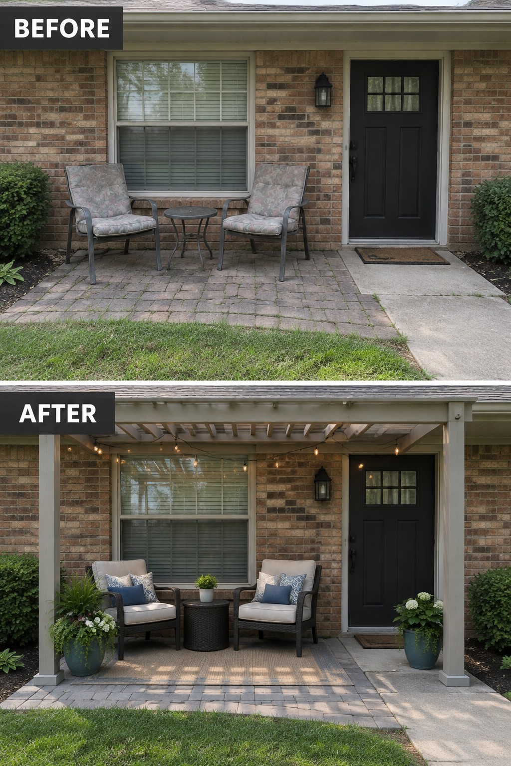 Before-and-after makeover image of a brick ranch patio changed from uncovered seating to a covered outdoor sitting area with a pergola.
