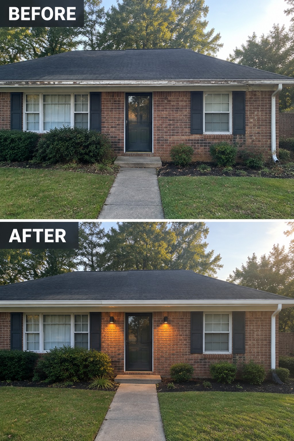 Before-and-after makeover image of a brick ranch house with new lights beside the front door and a tidier planting bed.