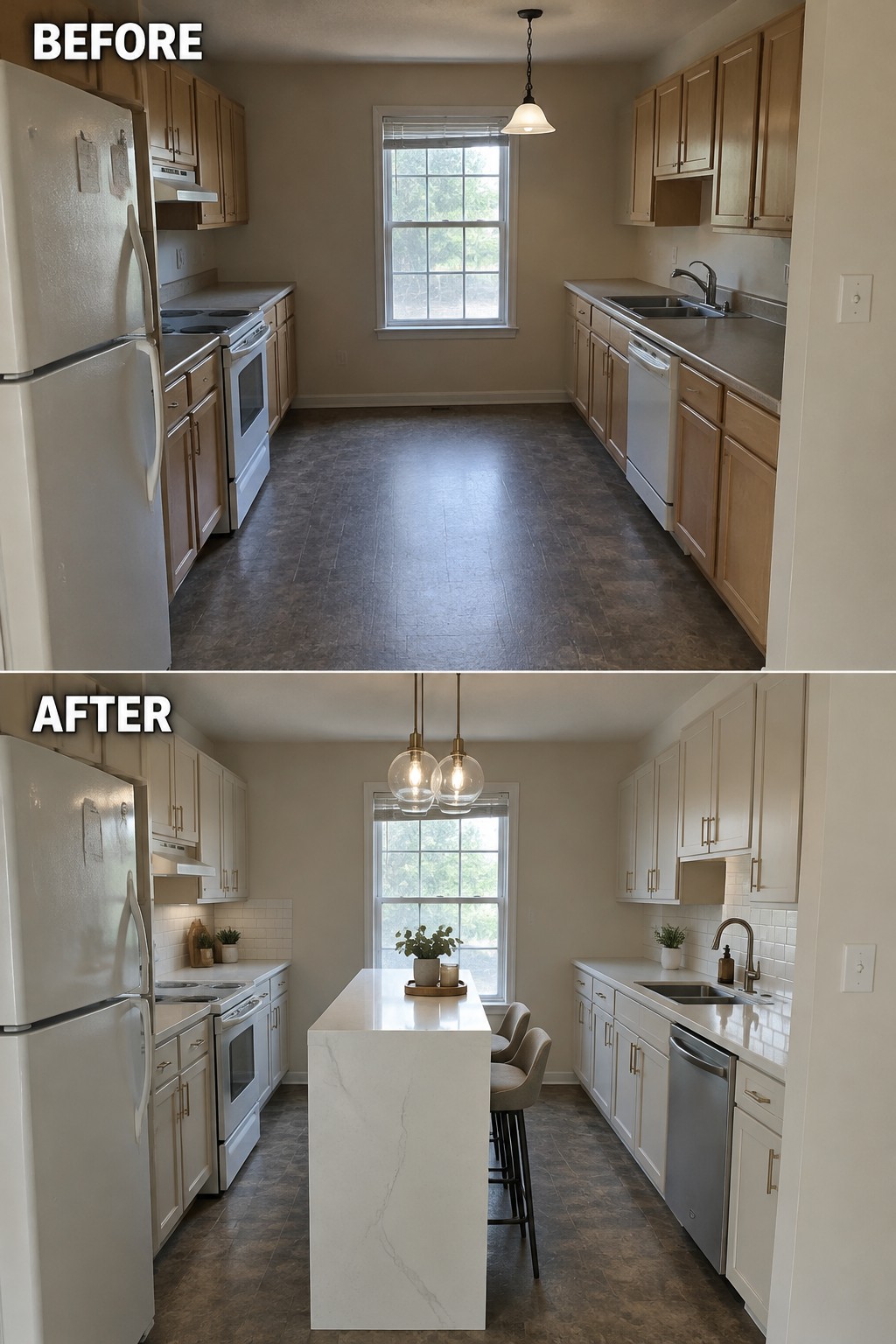 Before-and-after image of a narrow kitchen updated with white cabinets, a central island with seating, and new lighting.
