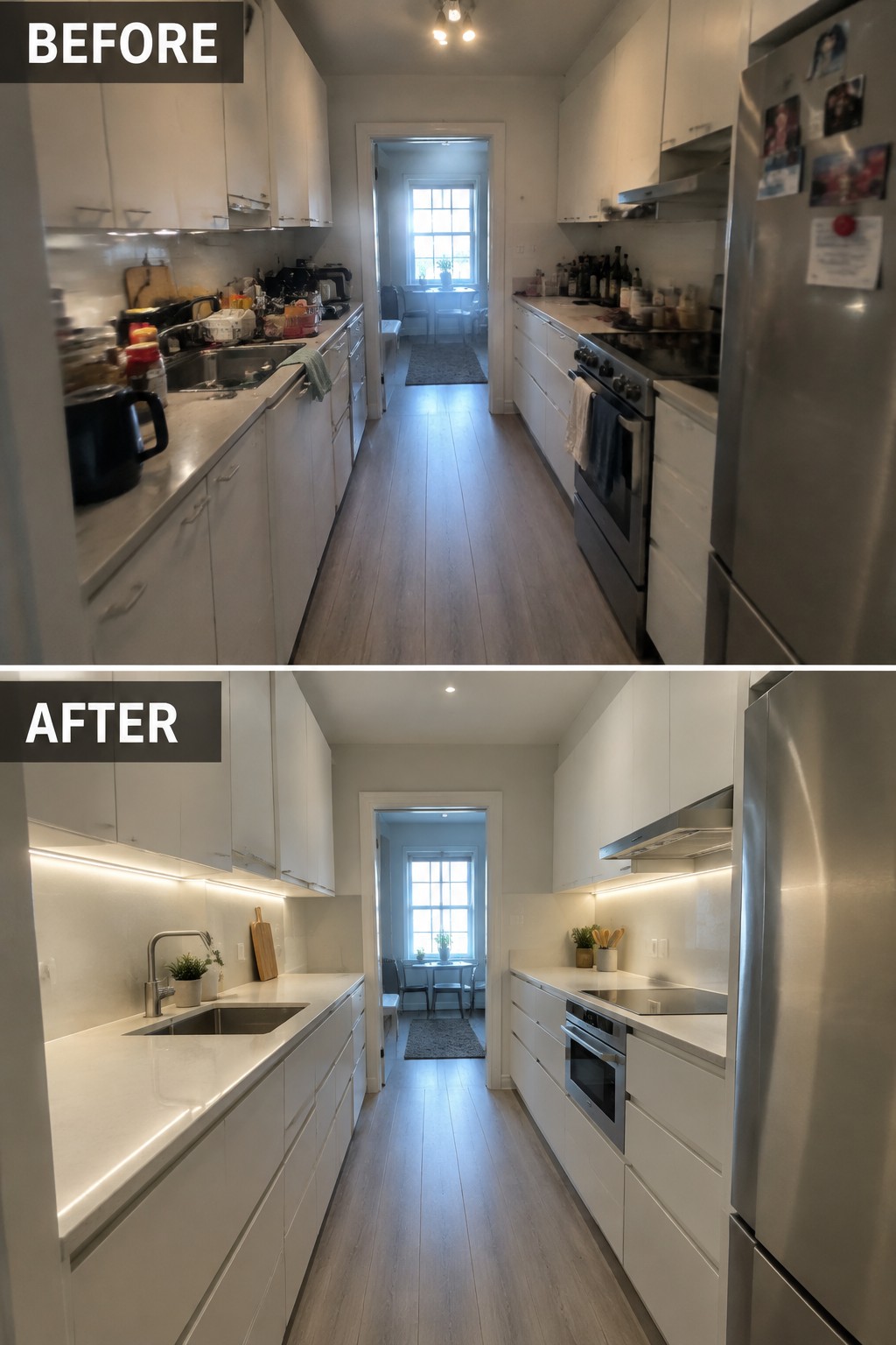 Before-and-after makeover image of a cluttered galley kitchen updated with clear white countertops, under-cabinet lighting, and streamlined cabinetry.