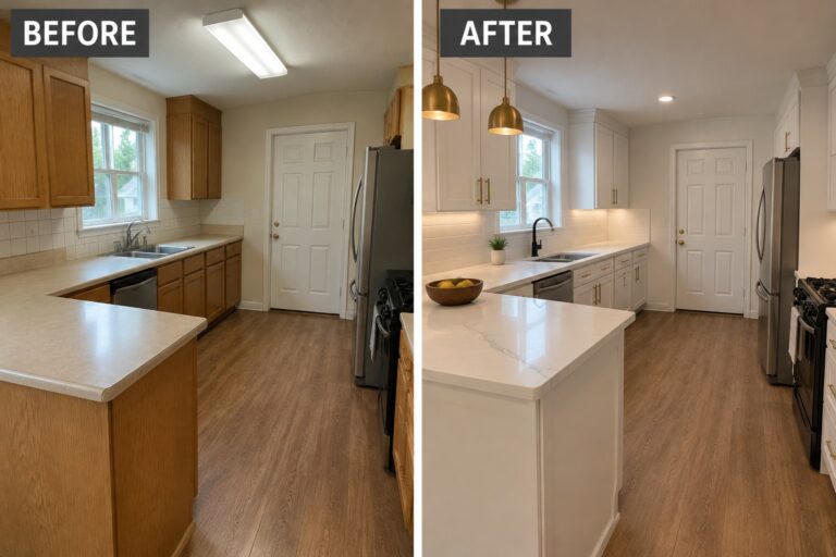 Before-and-after kitchen makeover image showing wood cabinets replaced with white cabinets and a lighter countertop.