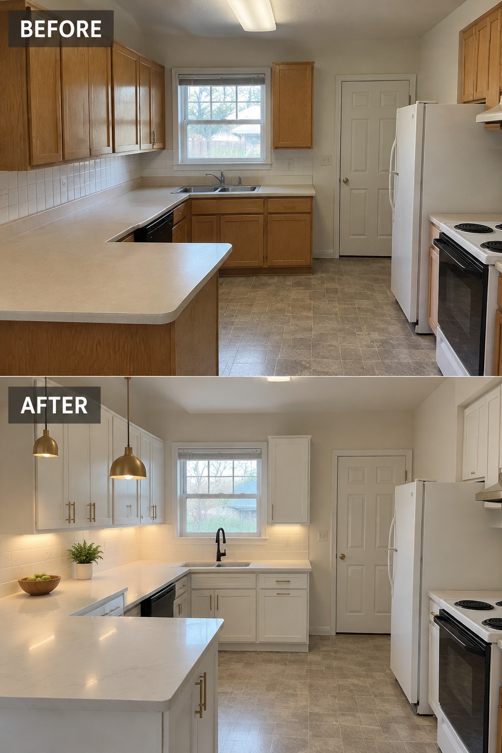 Before-and-after kitchen makeover image showing wood cabinets replaced with white cabinets and a lighter countertop.